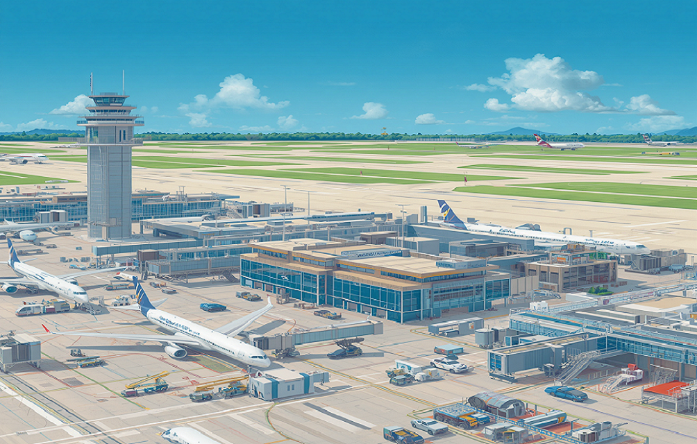 Aircraft operations infrastructure, airport ground operations, control tower, hangars, maintenance facilities, runway systems, aviation support buildings, aircraft servicing equipment
