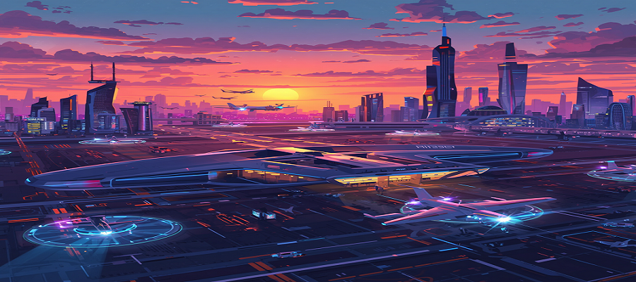 Vertiport with vertical takeoff and landing aircraft, modern aviation infrastructure, landing pads, futuristic urban air mobility hub